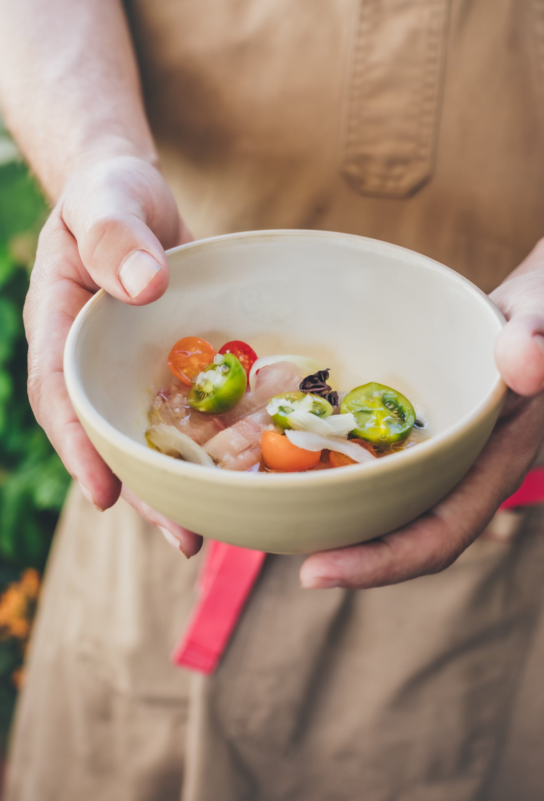 Hamachi Crudo with Heirloom Tomato, Celery Heart, Opal Basil & Verni's Olive Oil
